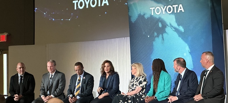 Left to Right, the Toyota Representatives are Jordyn Choby, Jeff Makarewicz, and Chris Reynolds, Govenor Whitmer, State Rep. Debbie Dingell, Superintendent Alena Zachary Ross, Bob Jansen, Ryan E. Gildersleeve-EMU Dean of Students, College of Education