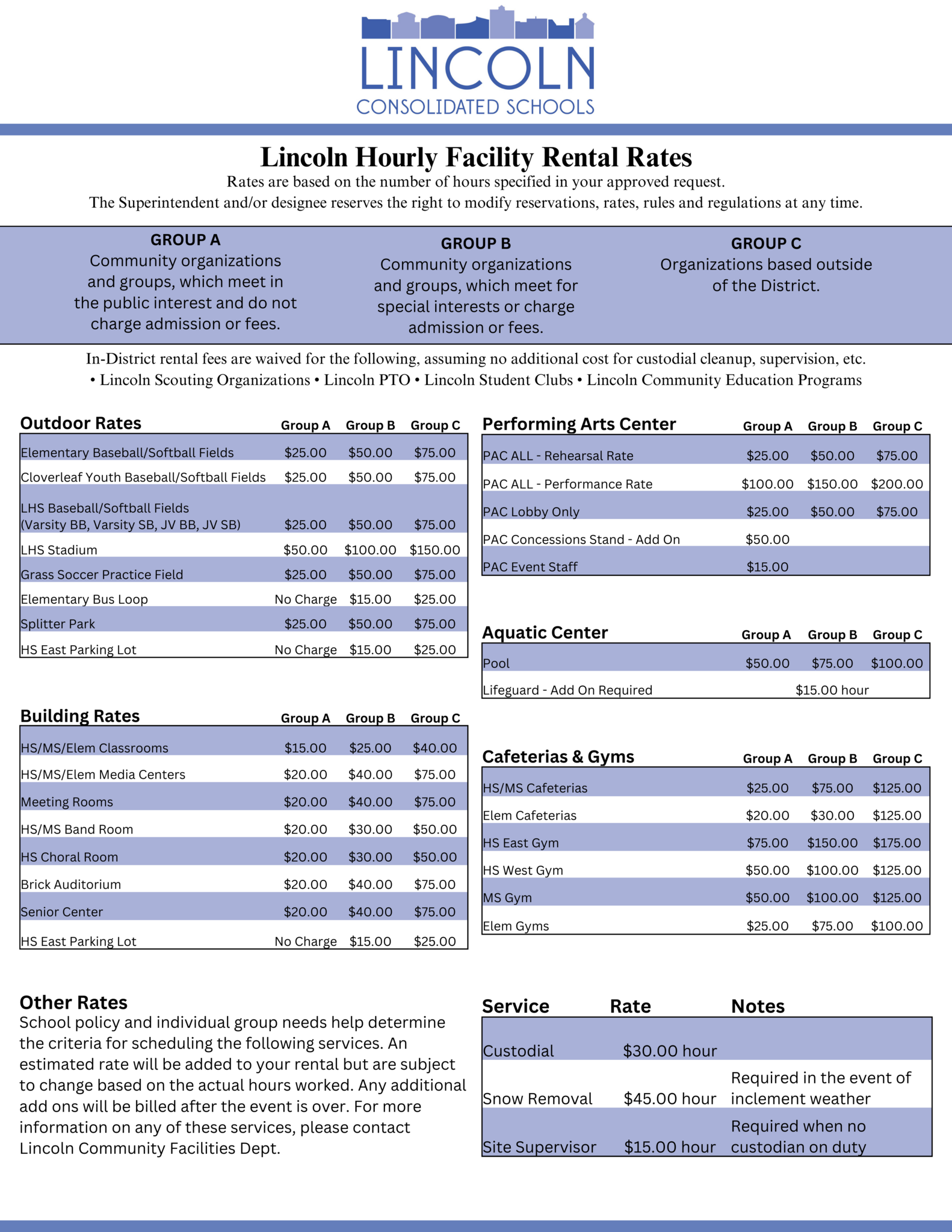 Rental Facility Rates