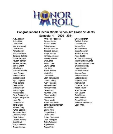 6th Grade Honor Roll