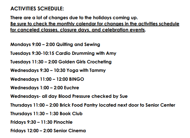 Activities Schedule